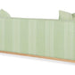 A Highland House Barrow Sofa in light green with a Green Greco Stripe geometric pattern, wooden base, and two matching back cushions is shown from the back.