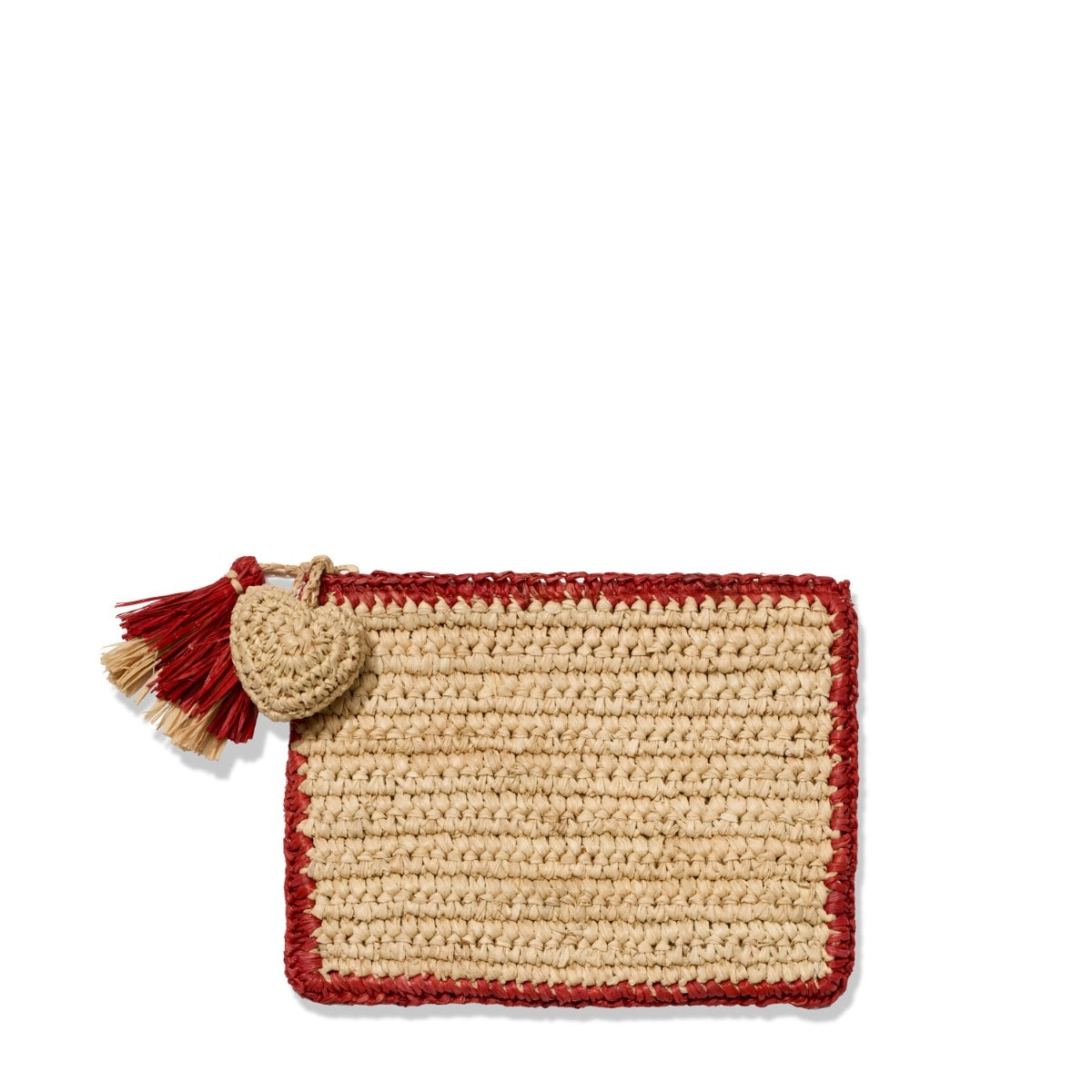 Aerin Bordered Raffia Pouch in tan, featuring a red border, a heart-shaped charm, and a red and tan tassel on the zipper.