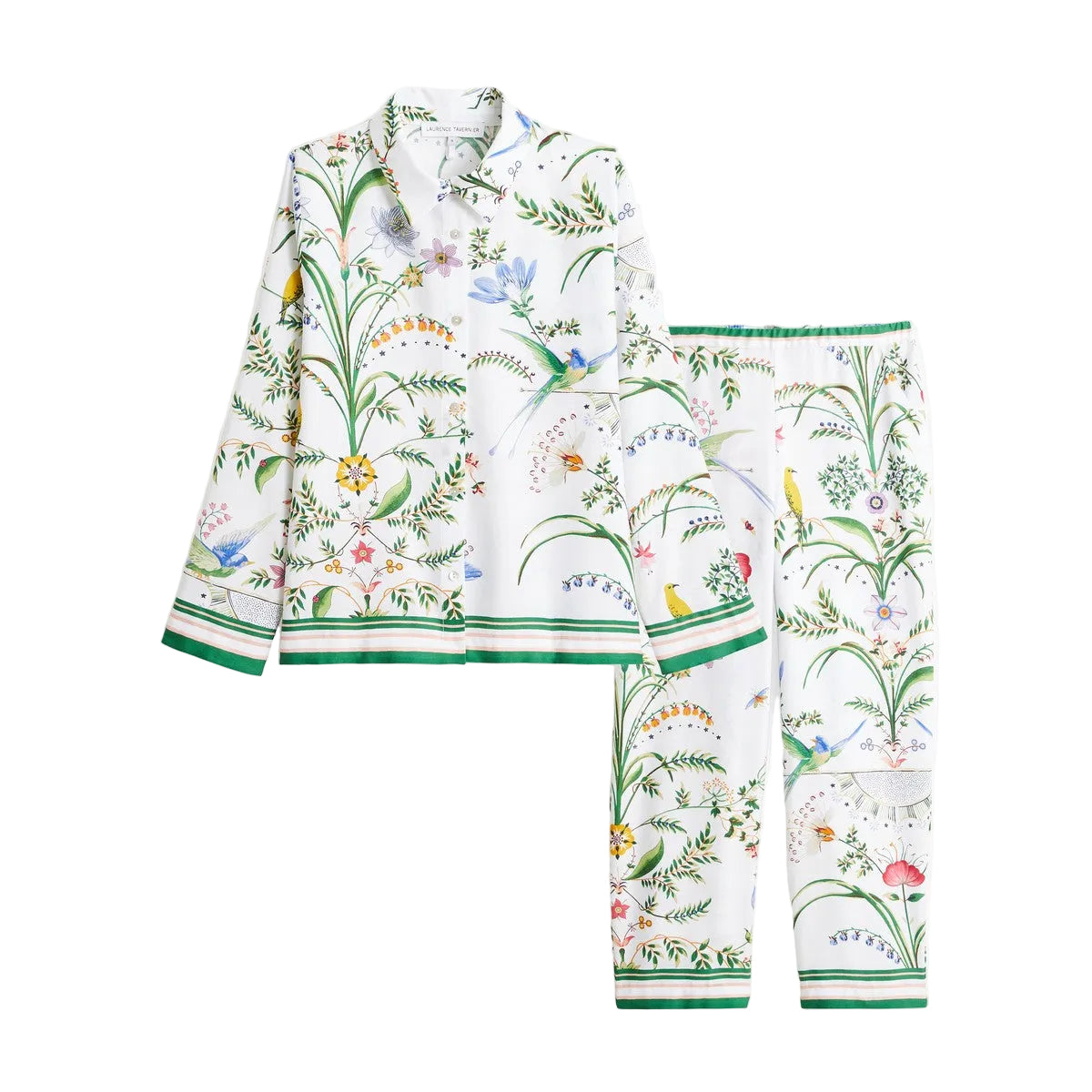 Yves Delorme x Laurence Tavernier Botanic button-down pajamas featuring a colorful floral, vine, and bird print on a white background with green striped trim.