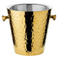 The EDZARD Capri Ice Bucket with Stand Collection features a metallic gold finish, hammered texture, two side handles, and a gleaming stainless steel interior, displayed against a plain white background.