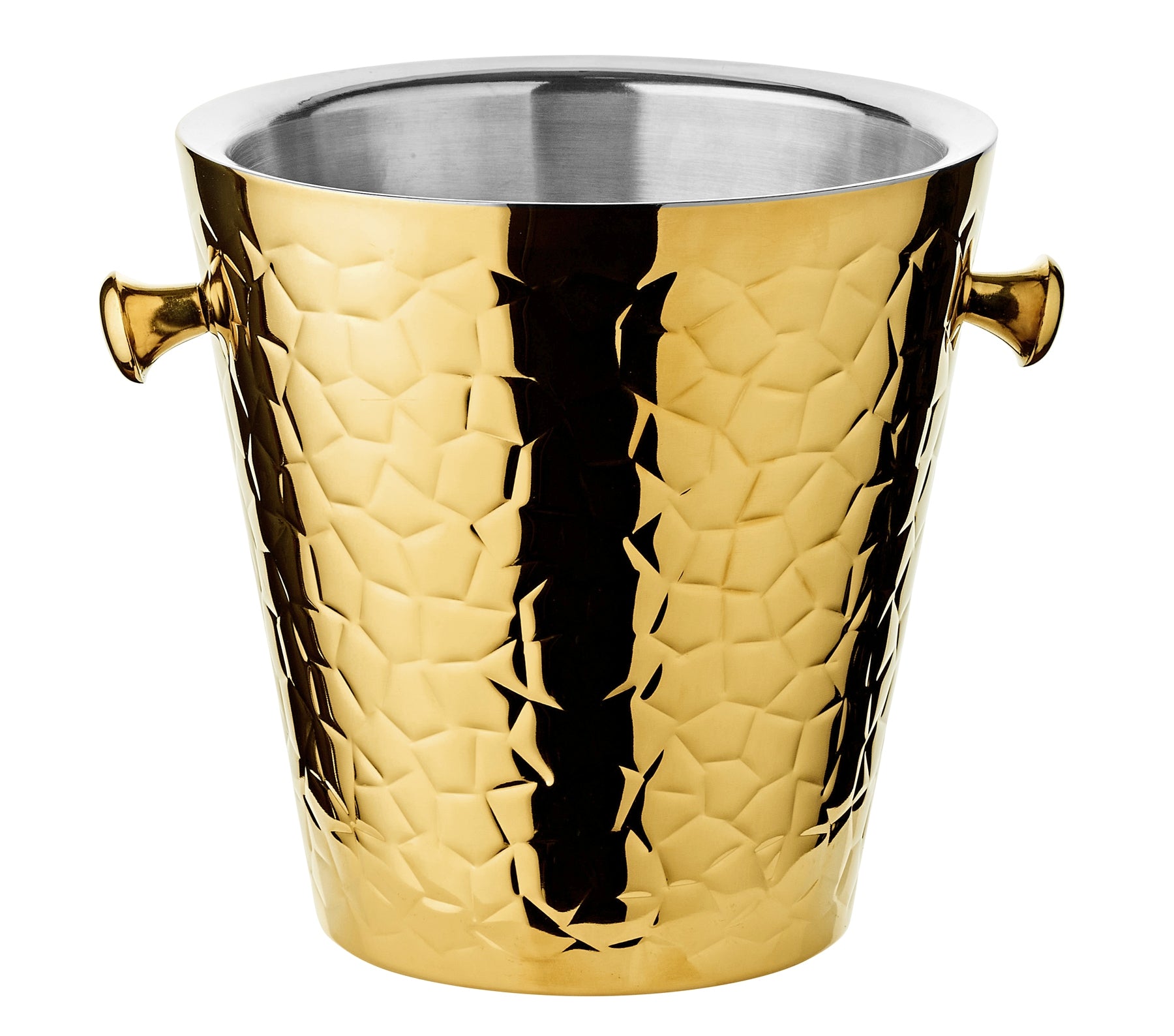 The EDZARD Capri Ice Bucket with Stand Collection features a metallic gold finish, hammered texture, two side handles, and a gleaming stainless steel interior, displayed against a plain white background.