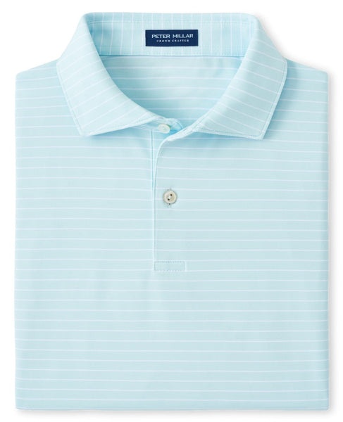 A light blue striped Peter Millar Duet Performance Jersey Polo with moisture-wicking fabric, displayed on a white background.