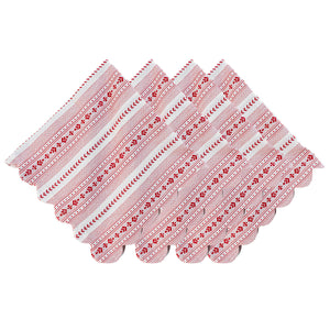 Four Red Villa Stripe Napkin napkins with a red and white jacquard stripe and floral motif, arranged in a fan shape.