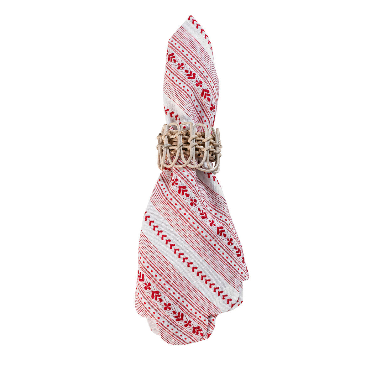 A folded Juliska Red Villa Stripe Napkin with a red jacquard stripe pattern held by a woven light-colored napkin ring.