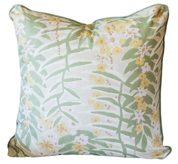 The Ashbee Botanical Pillow by Hive Custom Pillows features a green and yellow floral and fern leaf design on white, expertly crafted from premium materials for a custom-made look with exceptional attention to detail.