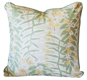 The Ashbee Botanical Pillow by Hive Custom Pillows features a green and yellow floral and fern leaf design on white, expertly crafted from premium materials for a custom-made look with exceptional attention to detail.