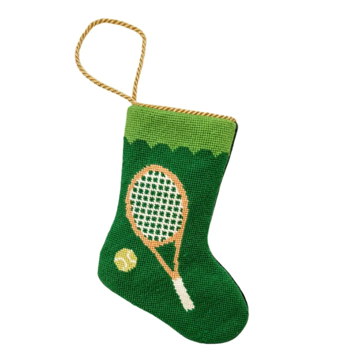 The Bauble Stockings Tennis Green Needle Point Stocking features a hand-stitched tennis racket and ball design with a gold hanging loop.