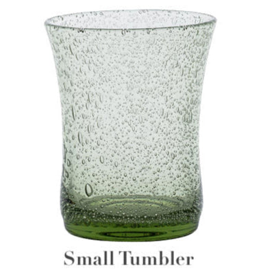 Part of the Juliska Provence Basil Drinkware Collection, this small tumbler features a green tint, flared rim, and bubble texture, bringing Provence-inspired charm to your table. Labeled “Small Tumbler.”.