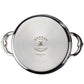 The Hestan CopperBond Copper Induction Soup Pot, 3qt is shown from the bottom with side handles and product details engraved at the center.