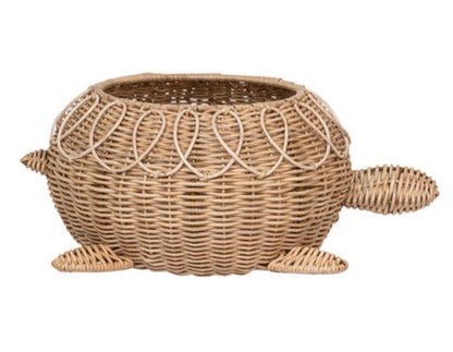 The Provence Rattan Turtle Bowl by Juliska boasts a hand-woven rattan design with a round body, four flat feet, a head, and an open top that brings natural texture to any space.