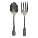 The Juliska Berry & Thread 2 Piece Hostess Serving Set in polished 18/10 stainless steel features a serving spoon and fork, side by side on a white background—an elegant gift.