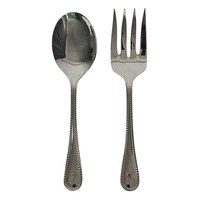 The Juliska Berry & Thread 2 Piece Hostess Serving Set in polished 18/10 stainless steel features a serving spoon and fork, side by side on a white background—an elegant gift.