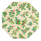 Caspari’s Holly and Fretwork White Collection features octagonal paper plates with a gold geometric pattern, green holly leaves, and red berries—making them ideal festive dinnerware for any occasion.
