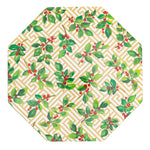 Enhance your table with the Holly and Fretwork White Napkin and Tabletop Collection by Caspari—an octagonal plate featuring gold geometric accents, green leaves, and red berries for a touch of elegance to your disposable dinnerware.