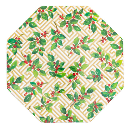 Enhance your table with the Holly and Fretwork White Napkin and Tabletop Collection by Caspari—an octagonal plate featuring gold geometric accents, green leaves, and red berries for a touch of elegance to your disposable dinnerware.