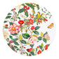The Caspari Christmas Chinoiserie White Collection party plate features festive florals, leaves, berries, butterflies, and a green-yellow bird on white—perfect for adding holiday cheer to your disposable tableware.