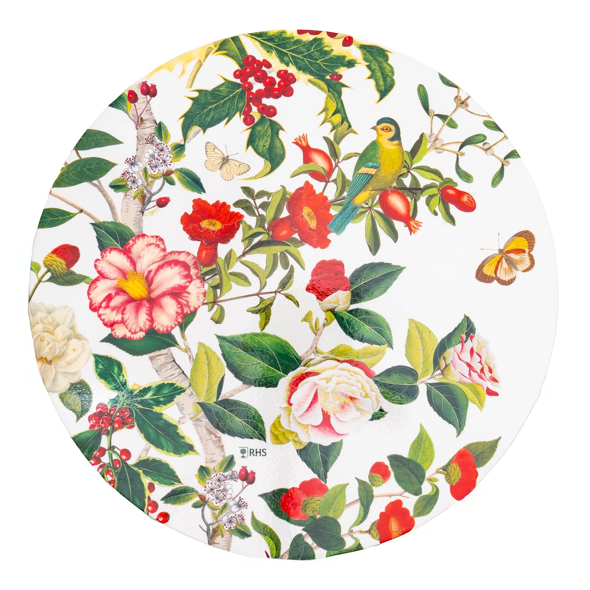 The Caspari Christmas Chinoiserie White Collection party plate features festive florals, leaves, berries, butterflies, and a green-yellow bird on white—perfect for adding holiday cheer to your disposable tableware.