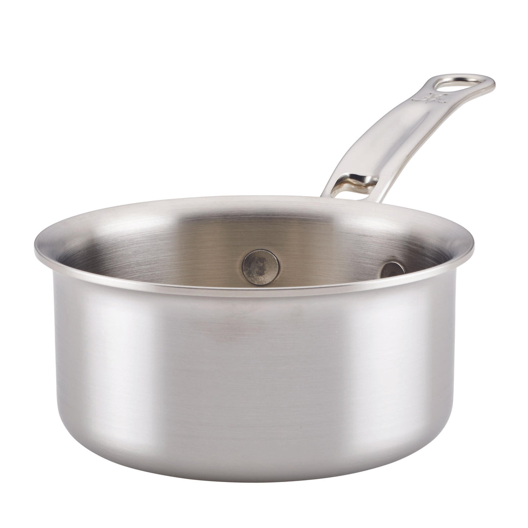 The Hestan Thomas Keller Commercial Clad Stainless Steel Butter Warmer features a long handle and tri-ply construction, perfect for small-batch cooking, shown on a plain white background.