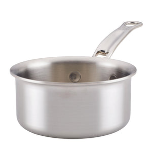 The Hestan Thomas Keller Commercial Clad Stainless Steel Butter Warmer features a long handle and tri-ply construction, perfect for small-batch cooking, shown on a plain white background.