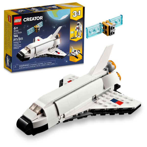 Image of a LEGO® Creator Space Shuttle set. The box, labeled for ages 6+, includes 144 pieces. The assembled LEGO® Creator Space Shuttle and an alternative build of a small space satellite are showcased, ready for intergalactic action from Legos - Toyhouse.