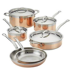The Hestan CopperBond 10-Piece Set features 5-ply copper and stainless steel construction for even heating—includes two frying pans, three lidded saucepans, and a sauté pan with lid. Induction compatible; shown on a white background.