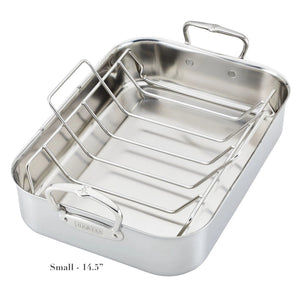 The Hestan Provisions Classic Clad Roaster with Rack Collection features stainless steel tri-ply construction, two handles, a metal rack, and is labeled "Small - 14.5”" at the bottom left corner.