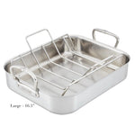 The Hestan Provisions Classic Clad Roaster with Rack Collection features tri-ply construction, a removable rack, two large handles, and measures 16.5 inches; shown on a white background.