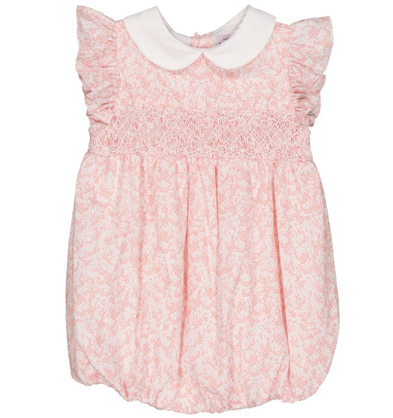 Pink Kidiwi Julyne Baby Romper with lace overlay, ruffled sleeves, and white collar.
