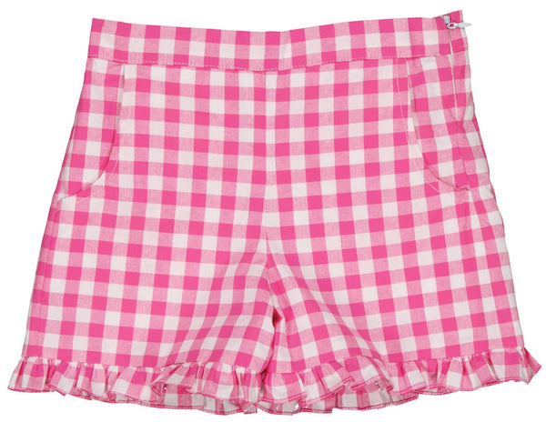 A pair of large fuchsia gingham Kidiwi Nolana Girl Shorts with frilled hems, made from 100% cotton, isolated on a white background.