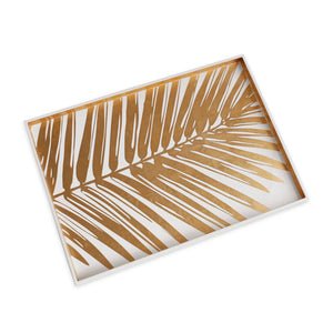 The Beatriz Ball Large Lacquered Palm Tray features a striking gold palm leaf design, adding tropical elegance to your serveware collection.