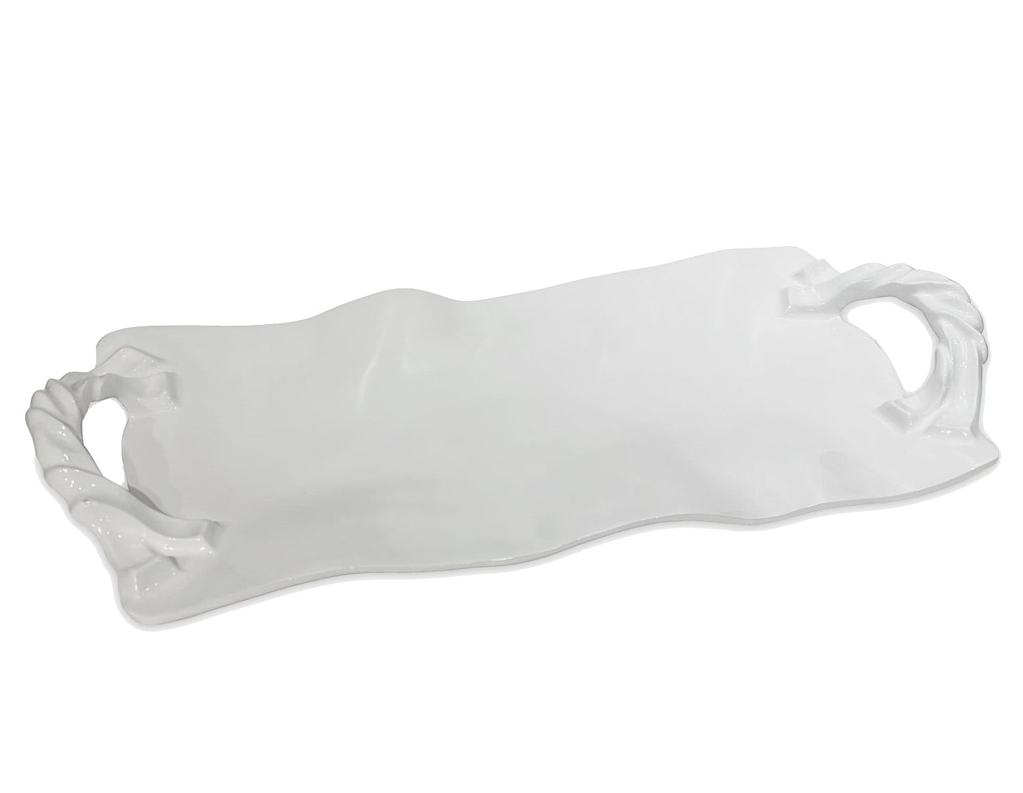 The Beatriz Ball Vida Sasha Serveware Collection features a rectangular white ceramic serving platter with twisted handles and a wavy edge—ideal for outdoor entertaining.