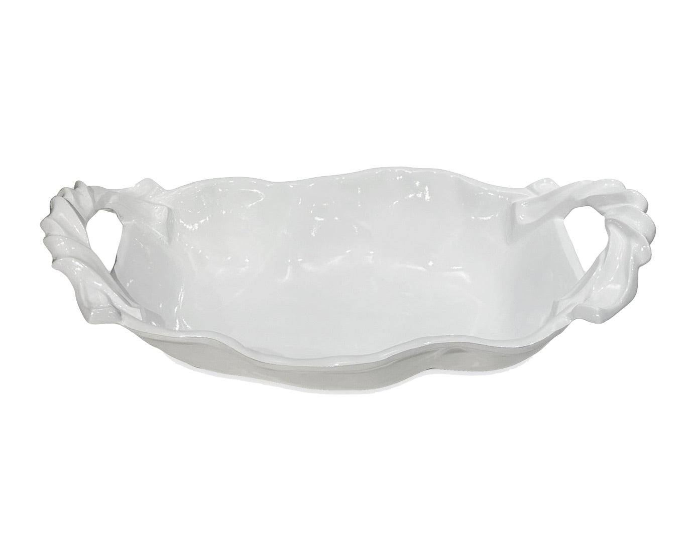 The Beatriz Ball Vida Sasha Serveware Collection features a white ceramic serving platter with scalloped edges and twisted handles—ideal for outdoor entertaining.