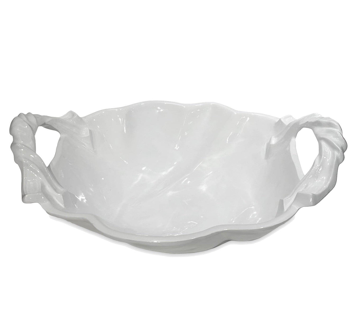 The Beatriz Ball Vida Sasha Serveware Collection features a white ceramic serving bowl with two ornate handles and a scalloped edge, perfect as a luxe melamine platter for stylish outdoor entertaining.