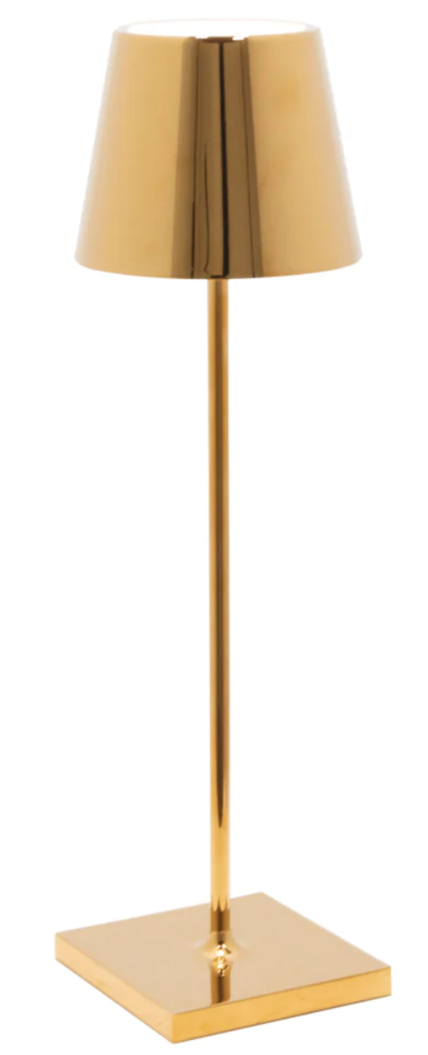The Zafferano America Poldina Pro Lamp Collection features a gold-colored, rechargeable lamp with a conical shade, slender stem, and square base for cordless illumination, shown against a plain white background.