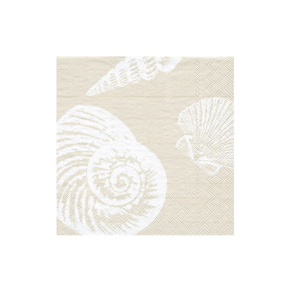 The Shells Collection by Caspari features beige triple-ply napkins with embossed white conch, scallop, and spiral shell designs—an elegant and eco-friendly choice for your table.