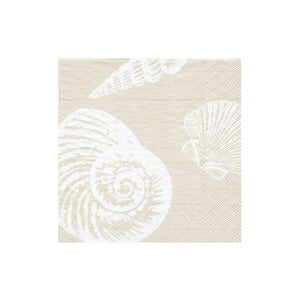 The Shells Collection by Caspari features beige triple-ply napkins with embossed white conch, scallop, and spiral shell designs—an elegant and eco-friendly choice for your table.
