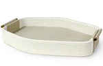 A rectangular, woven tray with antique brass handles on each end, featuring a flat, solid surface in the center, the Nicollet Tray by PALECEK.