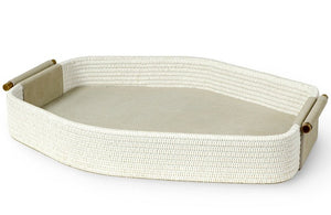 A rectangular, woven tray with antique brass handles on each end, featuring a flat, solid surface in the center, the Nicollet Tray by PALECEK.