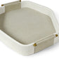 A PALECEK Nicollet Tray featuring elegant white raffia details, complemented by beige fabric handles and a beige base.