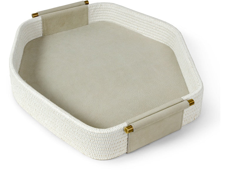 A PALECEK Nicollet Tray featuring elegant white raffia details, complemented by beige fabric handles and a beige base.