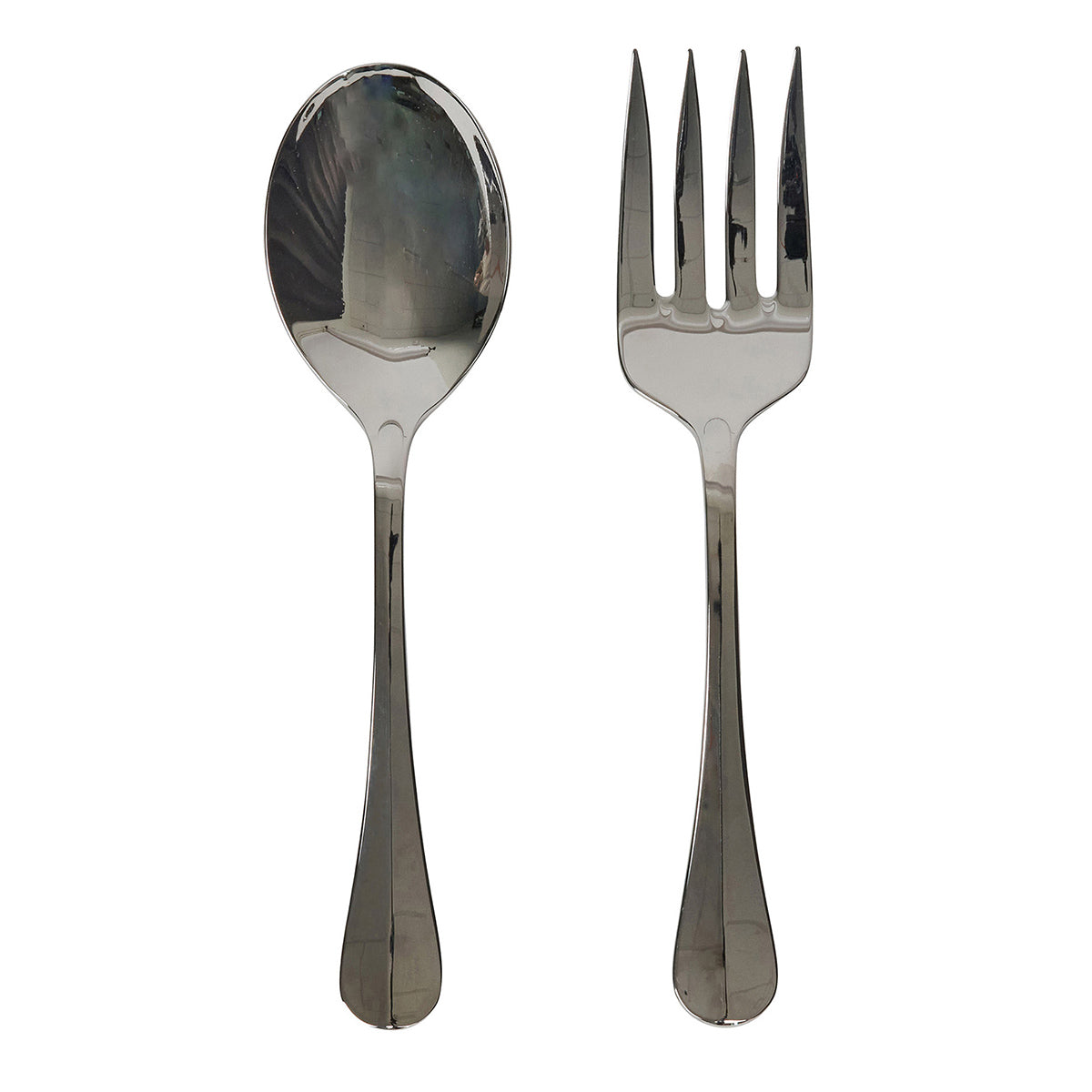 A Juliska Bistro 2 Piece Hostess Serving Set, Polished, featuring a stainless steel spoon and fork, is displayed side by side on a white background.