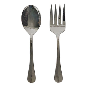 A Juliska Bistro 2 Piece Hostess Serving Set, Polished, featuring a stainless steel spoon and fork, is displayed side by side on a white background.