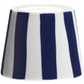 The Poldina Lido Shade Collection by Zafferano America features a handmade white ceramic shade with vertical blue stripes and a truncated cone shape.