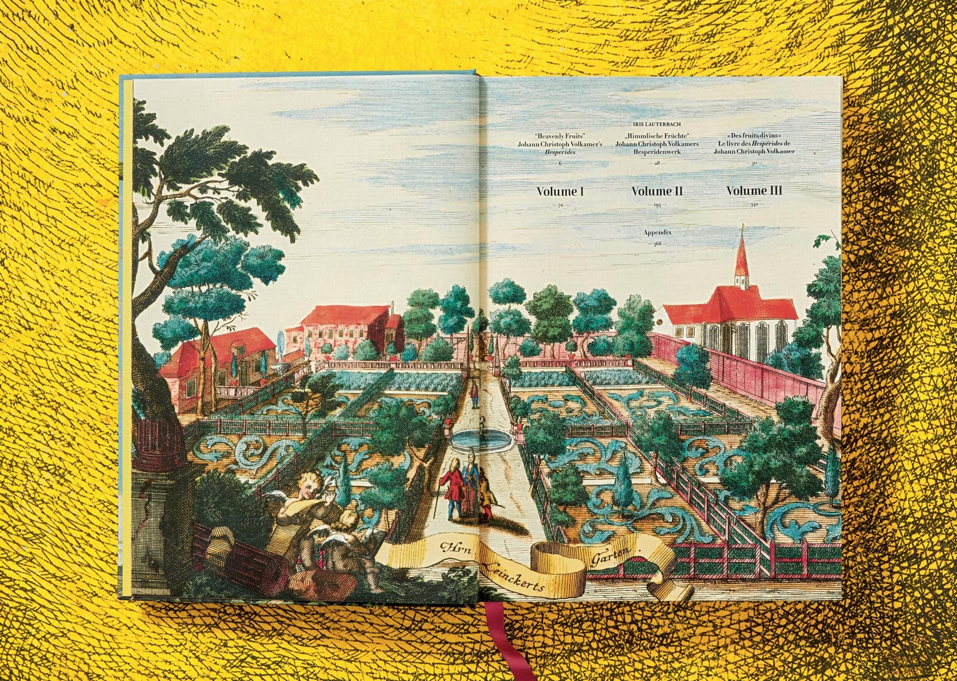 A page from "The Book of Citrus" by Taschen features a garden similar to Italian villas, with pathways, trees, and structures on a yellow backdrop. The scene boasts intricate illustrations resembling finely etched copper plates.