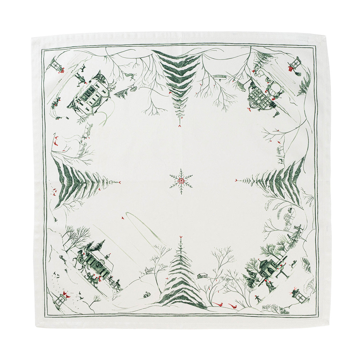 The Juliska Country Estate Winter Frolic Evergreen Napkins, Set of 4, feature green pine trees, houses, and people on white cotton—adding charming winter style to your table.