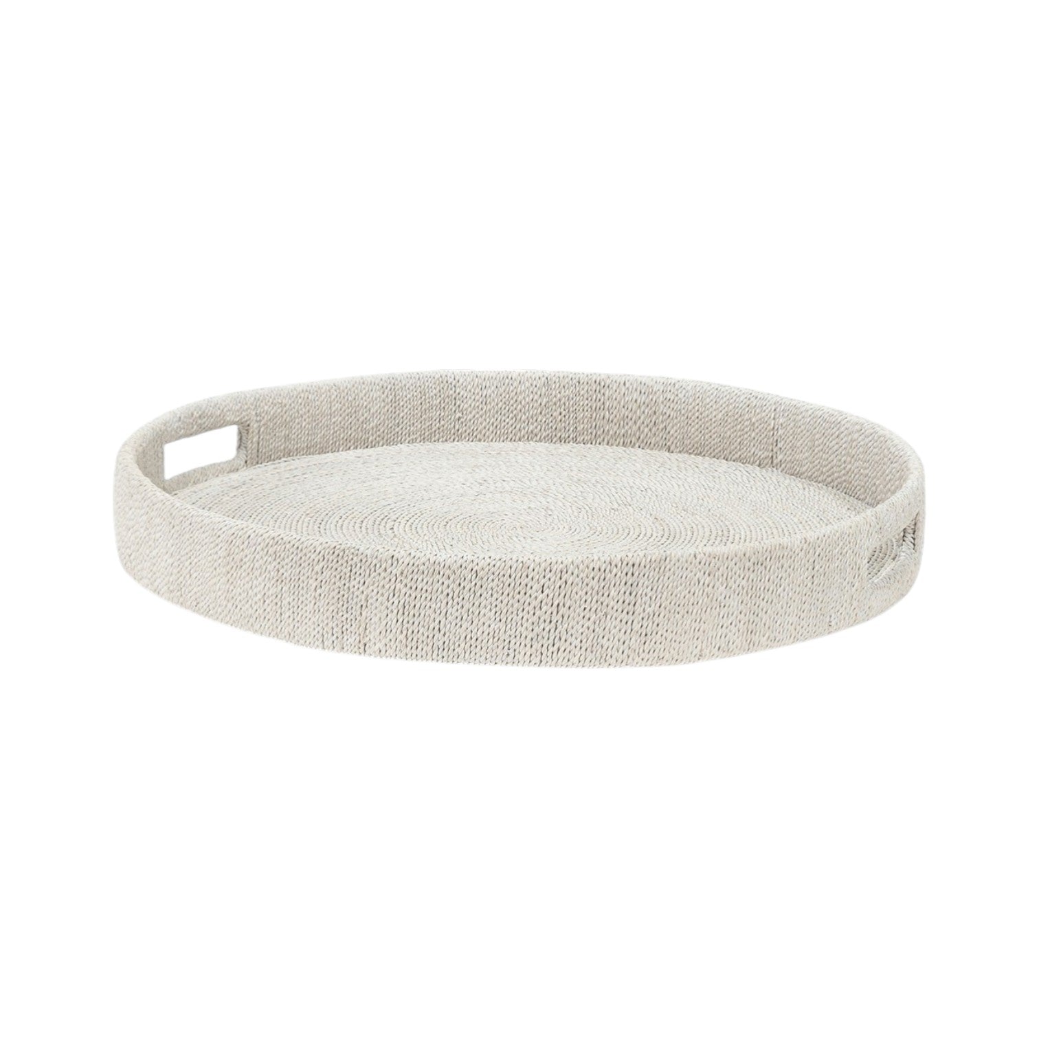 The Monarch Round Tray Collection by PALECEK features a round beige woven tray with raised edges and two side handles, crafted from seagrass rope.
