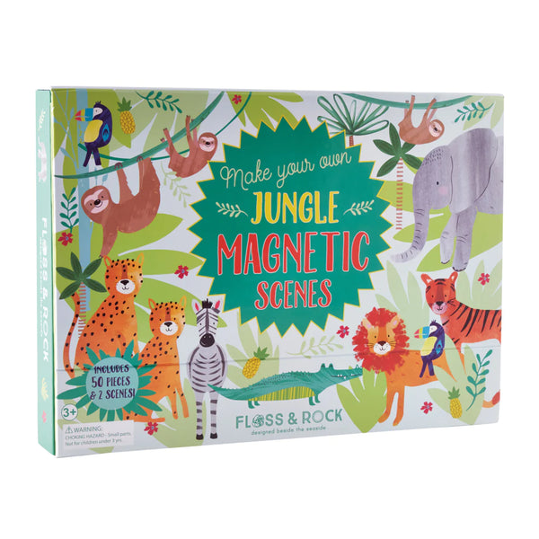 Colorful children's craft kit labeled "make your own Floss and Rock Jungle Magnetic Play Scenes" featuring illustrated jungle animals like a sloth, elephant, tiger, and more.