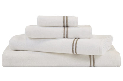 A neatly stacked set from the Frette Classic White/Khaki Bath Collection features cotton terry towels with thin khaki stripes, arranged from largest to smallest—an elegant addition to any bathroom décor.