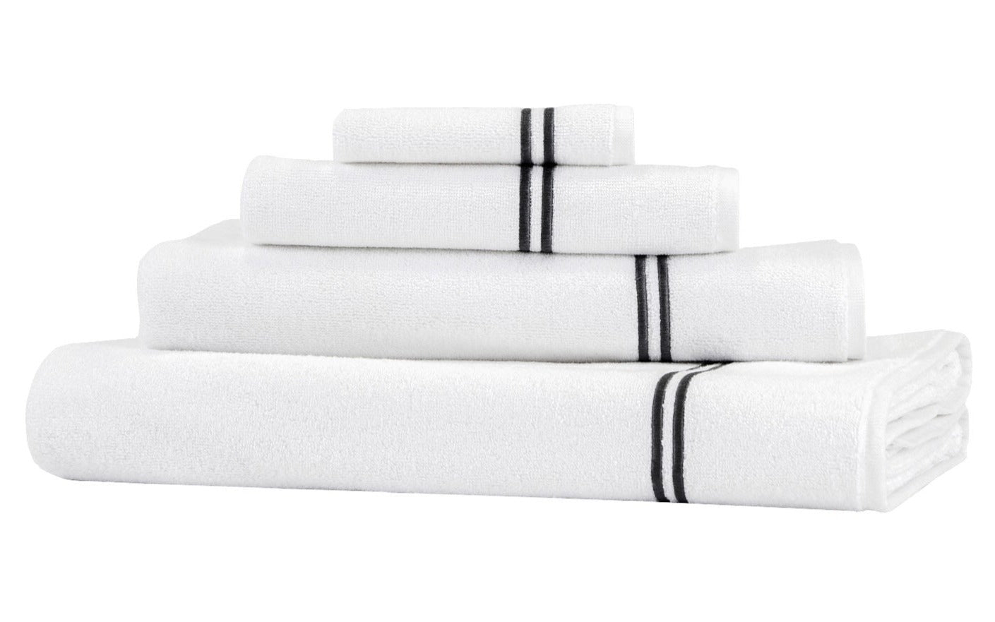 A stack of four Frette Classic White/Grey Bath Collection cotton terry towels, each featuring one or two grey stripes near the edge, arranged against a white background—perfect for elevating your bathroom experience.