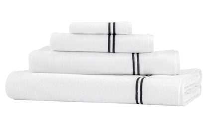 A stack of four Frette Classic White/Grey Bath Collection cotton terry towels, each featuring one or two grey stripes near the edge, arranged against a white background—perfect for elevating your bathroom experience.